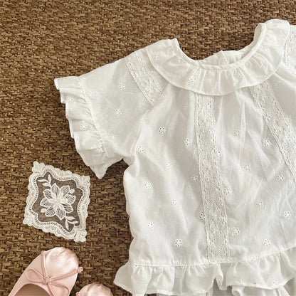 -キッズトップス 半袖ブラウス レース刺繍 ベージュ - mamahalo shop - 半袖シャツ・ブラウス -  べビー服 - 子供服 - 男の子 - 女の子