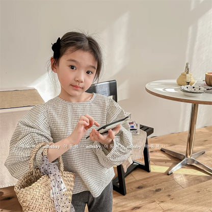 -キッズトップス 長袖パフスリーブブラウス チュニック チェック柄 ベージュ/ブルー/2カラー - mamahalo shop - 長袖シャツ・ブラウス -  べビー服 - 子供服 - 男の子 - 女の子