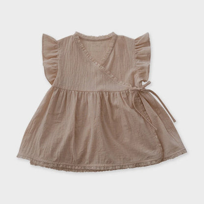 -キッズトップス フリルスリーブ ラップチュニックブラウス コットン ベージュ【mh0006282】 - mamahalo shop - 半袖シャツ・ブラウス -  べビー服 - 子供服 - 男の子 - 女の子