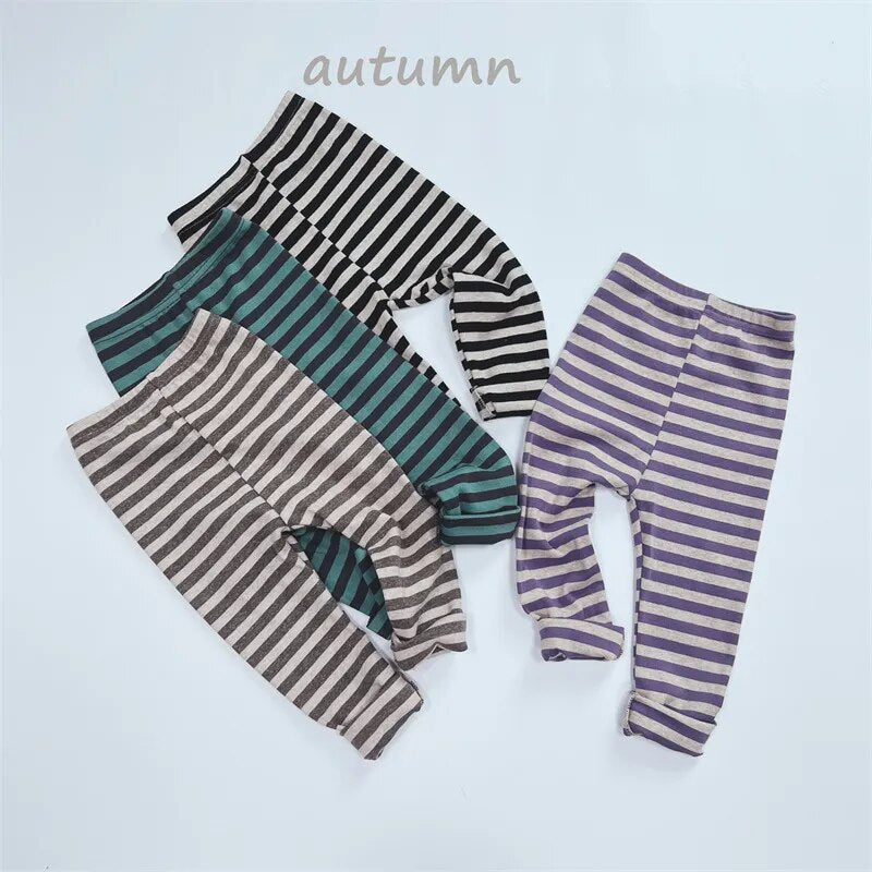 -キッズ 長袖Tシャツ レギンスパンツ 単品 ボーダー シンプル ベーシック パープル グリーン ブラック コーヒー 4カラー ユニセックス 男の子 女の子 子供服 - mamahalo shop - レギンスパンツ -  べビー服 - 子供服 - 男の子 - 女の子