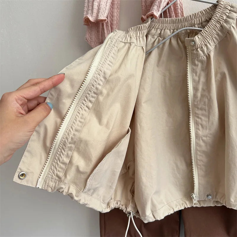 -キッズアウター ジップアップドロストジャンパージャケット カーキ - mamahalo shop - ショートコート・ジャケット・ジャンパー -  べビー服 - 子供服 - 男の子 - 女の子