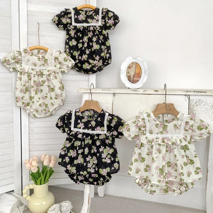 -ベビーロンパース/セットアップ 2点セット 半袖ボディスーツ/半袖ブラウス+ブルマパンツ フラワー花柄プリント 2カラー【mh0004870】 - mamahalo shop - 半袖セットアップ -  べビー服 - 子供服 - 男の子 - 女の子