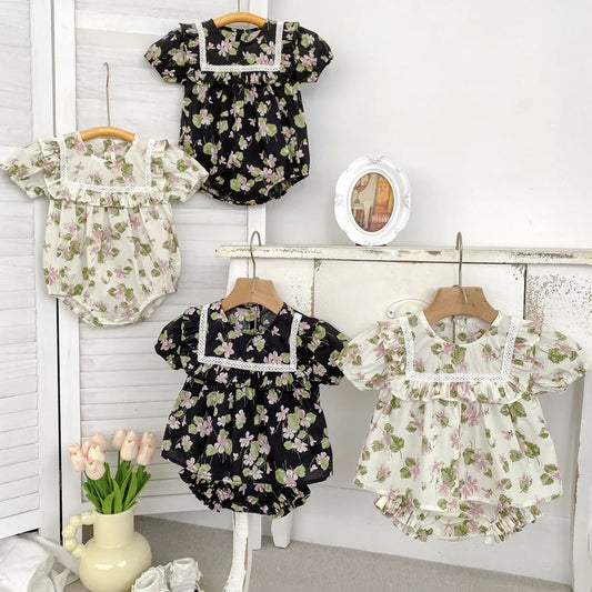 -ベビーロンパース/セットアップ 2点セット 半袖ボディスーツ/半袖ブラウス+ブルマパンツ フラワー花柄プリント 2カラー【mh0004870】 - mamahalo shop - 半袖セットアップ -  べビー服 - 子供服 - 男の子 - 女の子