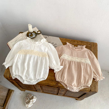 -ベビーロンパース スタンドフリルカラーレース長袖ボディスーツ 2カラー - mamahalo shop - 長袖ロンパース -  べビー服 - 子供服 - 男の子 - 女の子