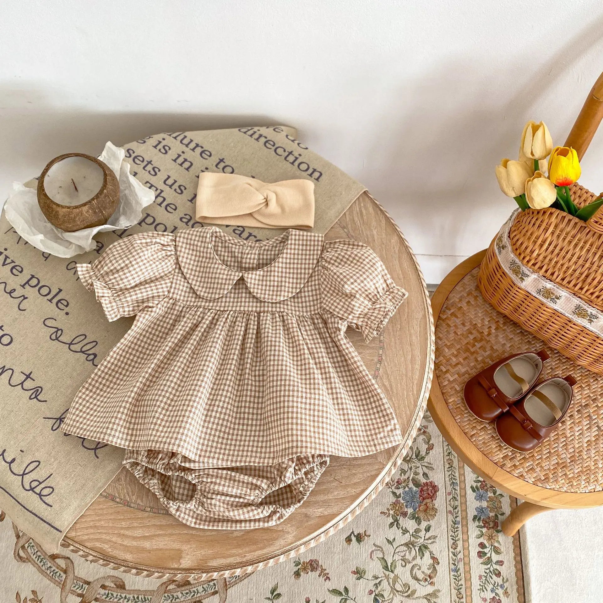 -ベビーセットアップ 2点セット 半袖パフスリーブ 丸襟チュニックブラウス+ブルマパンツ チェック/フラワー花柄プリント【mh0006515】 - mamahalo shop - 半袖セットアップ -  べビー服 - 子供服 - 男の子 - 女の子