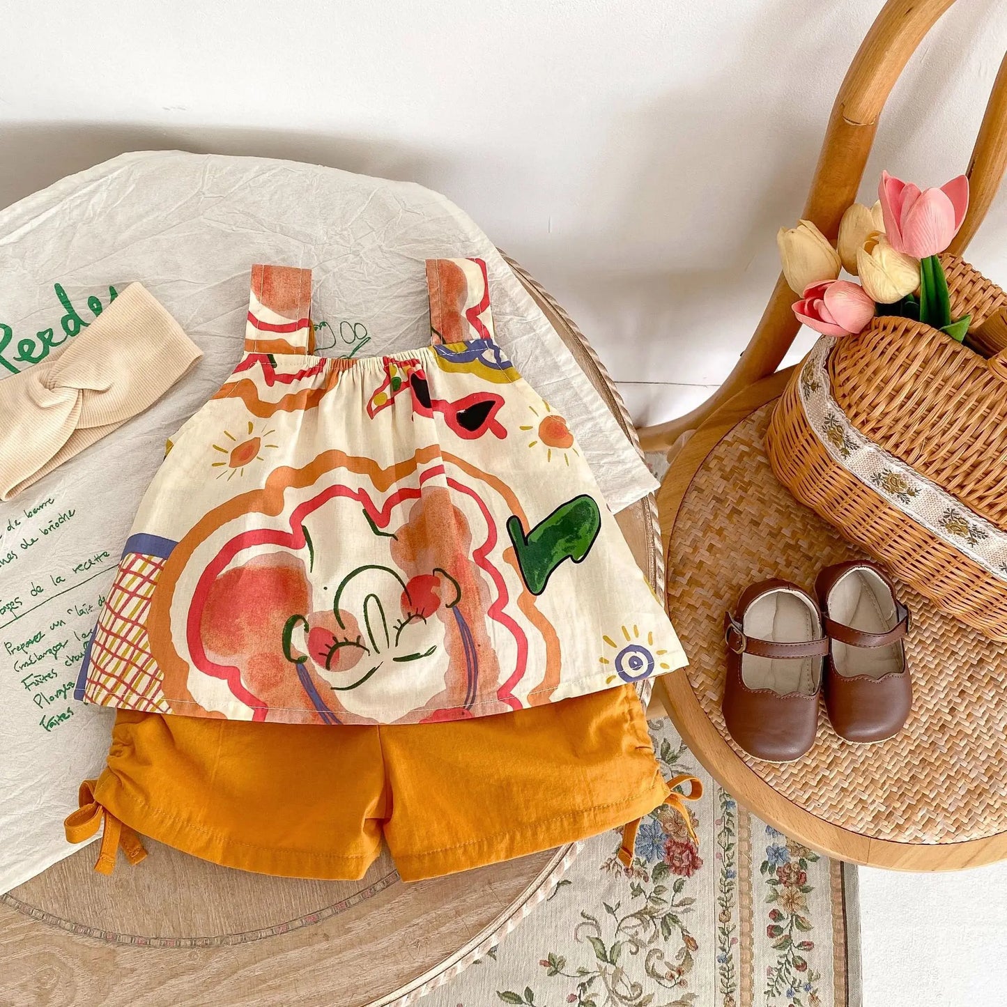 -ベビーセットアップ 2点セット ノースリーブプリントチュニックブラウス+サイドリボンショートパンツ【mh0006096】 - mamahalo shop - ノースリーブセットアップ -  べビー服 - 子供服 - 男の子 - 女の子