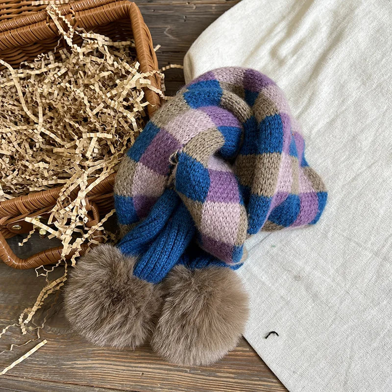 -キッズマフラー ニット ネックウォーマー ぽんぽん付き 水玉ポルカドット チェック 12カラー - mamahalo shop - ネックウォーマー -  べビー服 - 子供服 - 男の子 - 女の子