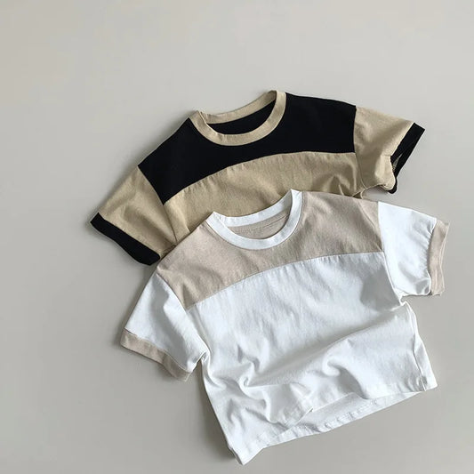 -キッズトップス パッチワーク 半袖Tシャツ 2カラー - mamahalo shop - 長袖Tシャツ -  べビー服 - 子供服 - 男の子 - 女の子