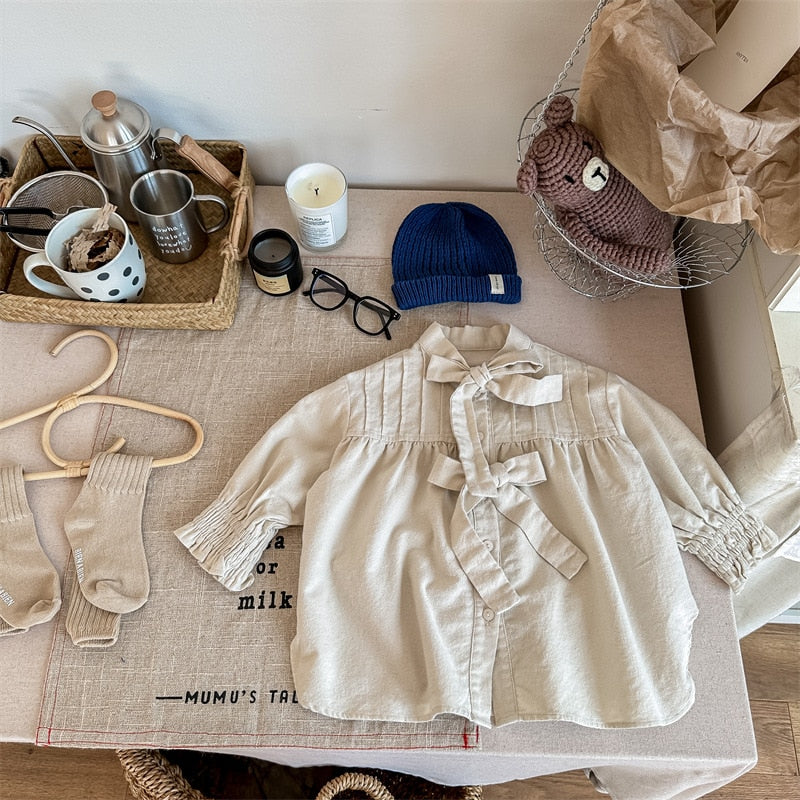 -キッズ ストライプ ピンタック リボン ルーズ 長袖 ブラウス シャツ ジャケット ガールズ - mamahalo shop - ショートコート・ジャケット・ジャンパー -  べビー服 - 子供服 - 男の子 - 女の子