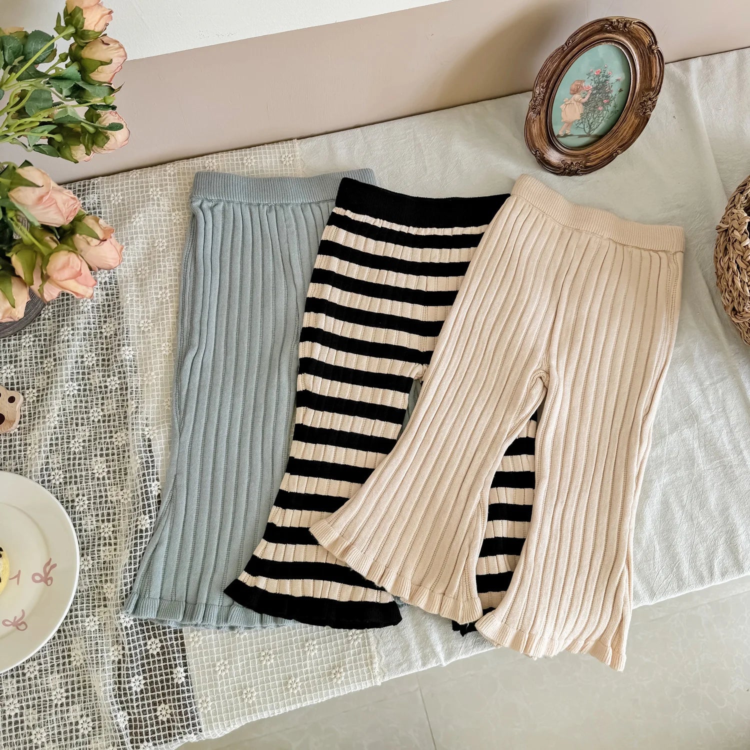 -キッズパンツ 太リブニットフレアレギンスパンツ 無地/ボーダー 3カラー - mamahalo shop - レギンスパンツ -  べビー服 - 子供服 - 男の子 - 女の子