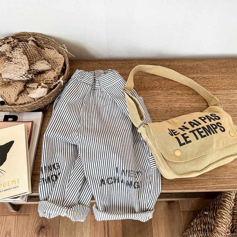 -キッズ ストライプ レターロゴ プリント ルーズ ヒッコリー パンツ ボーイズ - mamahalo shop - ロングパンツ・スウェットパンツ -  べビー服 - 子供服 - 男の子 - 女の子