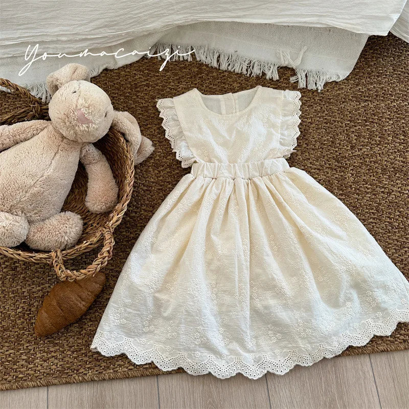 -キッズワンピース レース刺繍フリル エプロンドレス ノースリーブワンピース ベージュ - mamahalo shop - ノースリーブワンピース -  べビー服 - 子供服 - 男の子 - 女の子