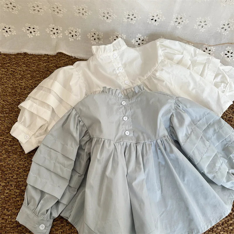 -キッズトップス 長袖ブラウス フリルスタンドカラー ホワイト/ライトブルー/2カラー - mamahalo shop - 長袖シャツ・ブラウス -  べビー服 - 子供服 - 男の子 - 女の子