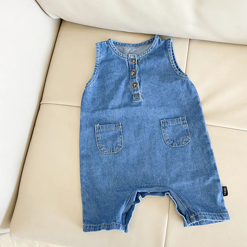 -ベビージャンプスーツ デニム ノースリーブボディスーツ つなぎ【mh0006061】 - mamahalo shop - ノースリーブジャンプスーツ -  べビー服 - 子供服 - 男の子 - 女の子