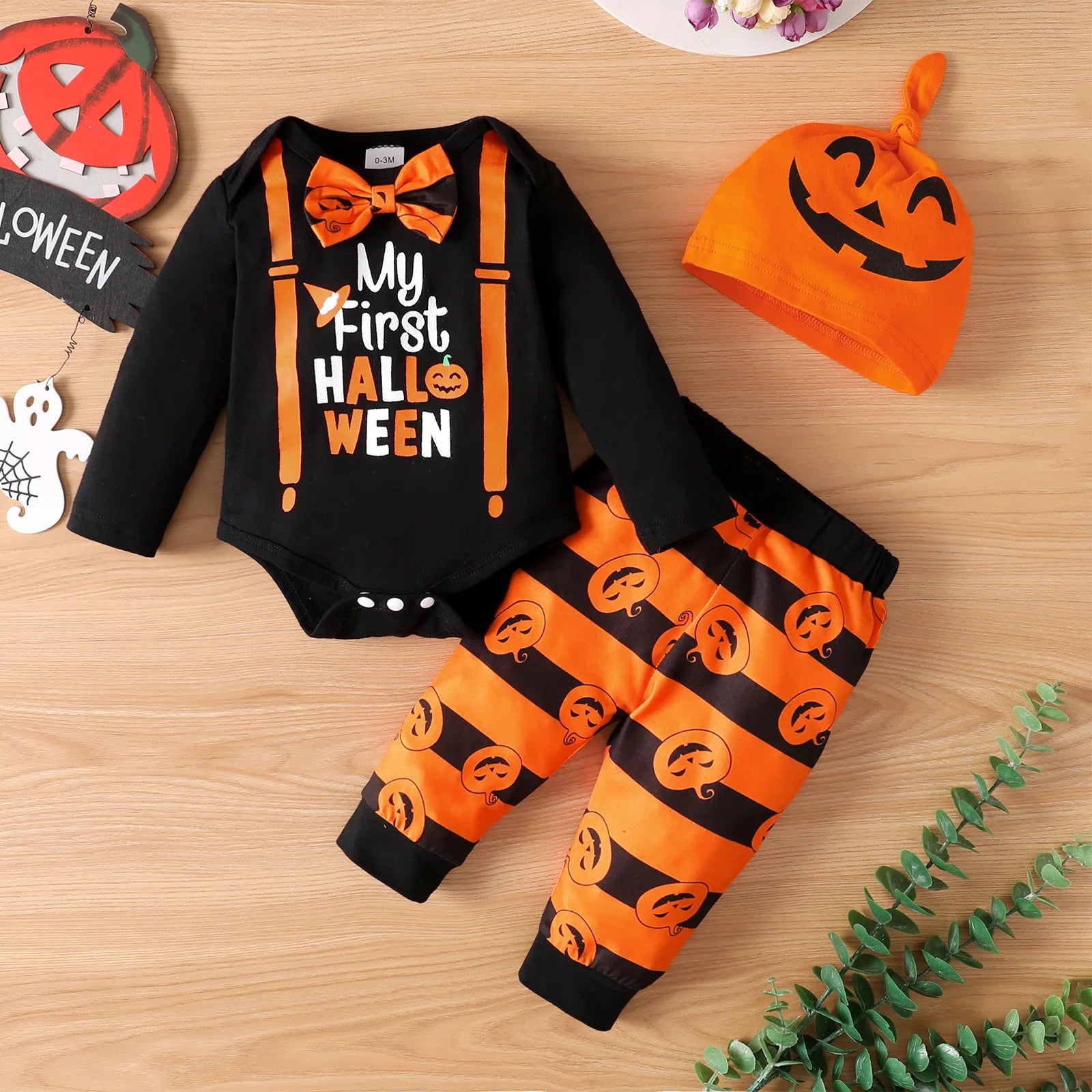 -ベビーハロウィンコスチューム セットアップ 3点セット 長袖ロンパース+ロングパンツ+帽子 パンプキン Halloween 👻【mh0006359】 - mamahalo shop - ロンパースセットアップ -  べビー服 - 子供服 - 男の子 - 女の子