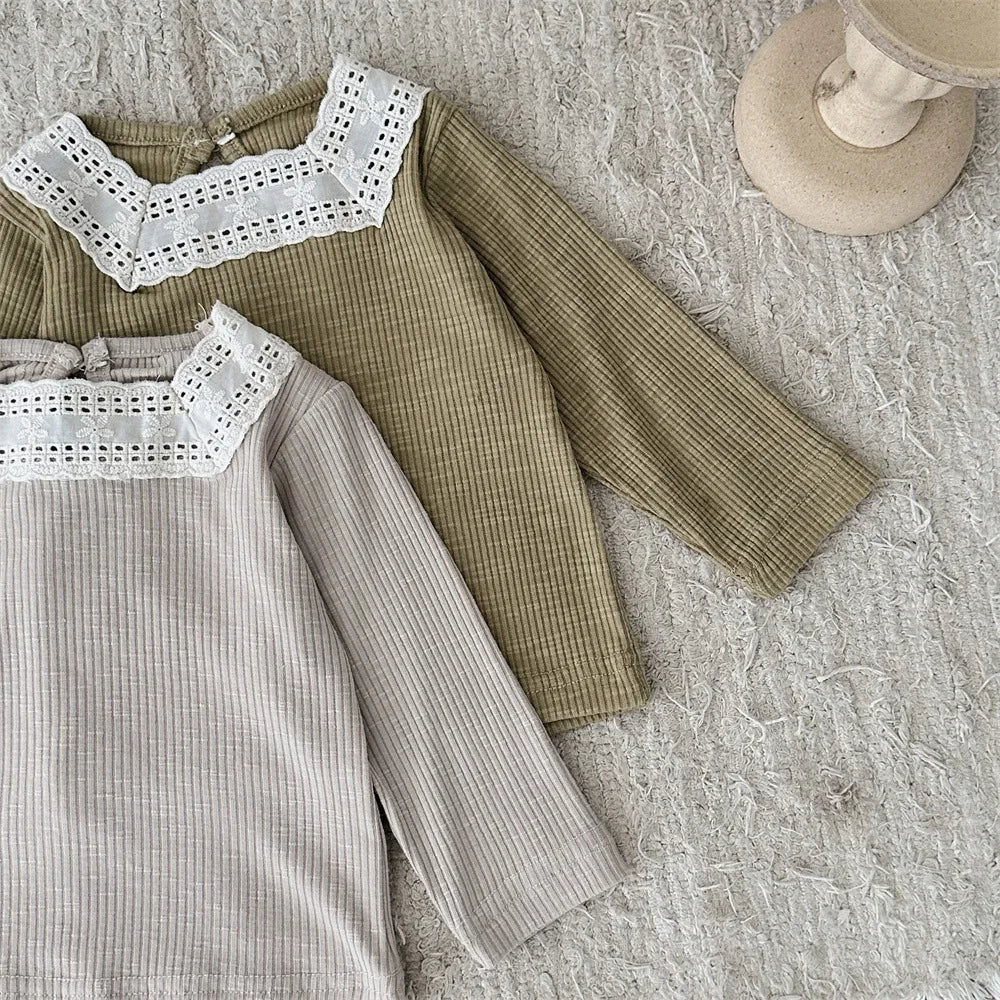 -ベビートップス レーススクエアネック長袖Tシャツカットソー 2カラー【mh0006700】 - mamahalo shop - 長袖Tシャツ -  べビー服 - 子供服 - 男の子 - 女の子