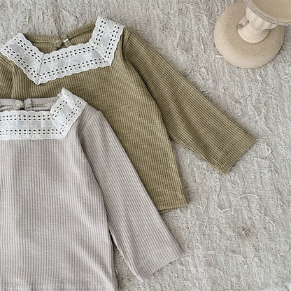 -ベビートップス レーススクエアネック長袖Tシャツカットソー 2カラー【mh0006700】 - mamahalo shop - 長袖Tシャツ -  べビー服 - 子供服 - 男の子 - 女の子