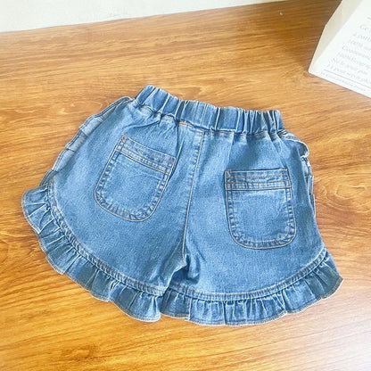 -キッズセットアップ 2点セット 刺繍レースフリルスリーブブラウス+デニムフリルショートパンツ - mamahalo shop - ノースリーブセットアップ -  べビー服 - 子供服 - 男の子 - 女の子