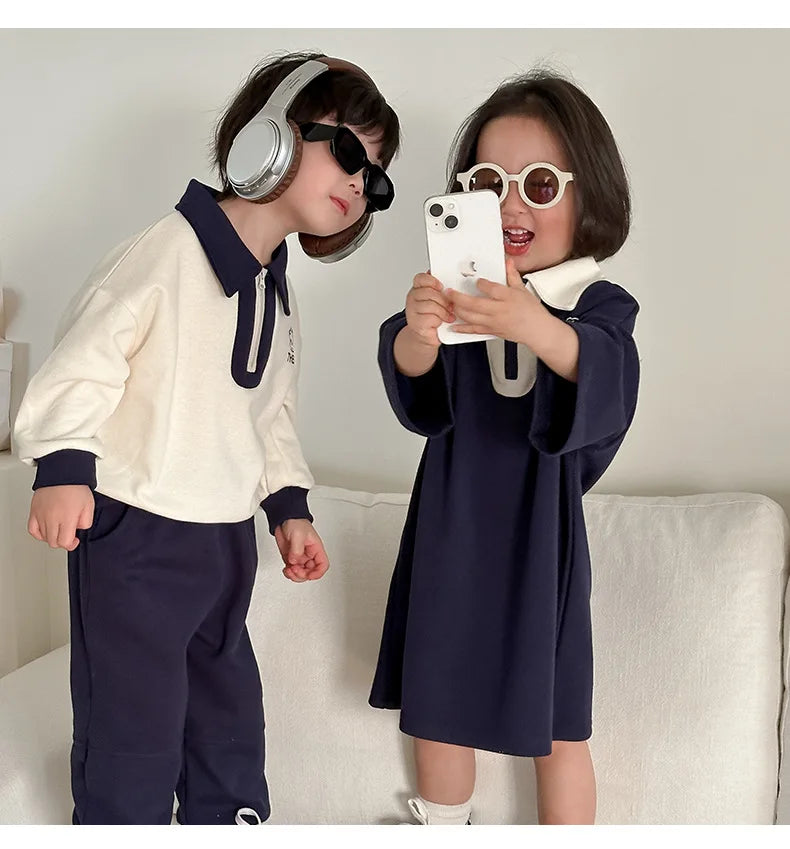 -キッズセットアップ 2点セット 長袖ハーフジップワンピース 長袖ハーフジップポロシャツ ロングパンツ リンクコーデ 兄弟姉妹 お揃いコーデ - mamahalo shop - 長袖セットアップ -  べビー服 - 子供服 - 男の子 - 女の子