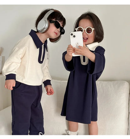 -キッズセットアップ 2点セット 長袖ハーフジップワンピース 長袖ハーフジップポロシャツ ロングパンツ リンクコーデ 兄弟姉妹 お揃いコーデ - mamahalo shop - 長袖セットアップ -  べビー服 - 子供服 - 男の子 - 女の子