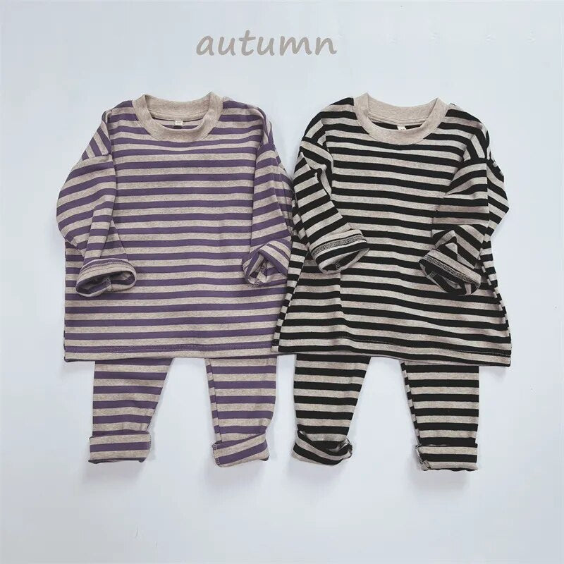 -キッズ 長袖Tシャツ レギンスパンツ 単品 ボーダー シンプル ベーシック パープル グリーン ブラック コーヒー 4カラー ユニセックス 男の子 女の子 子供服 - mamahalo shop - レギンスパンツ -  べビー服 - 子供服 - 男の子 - 女の子