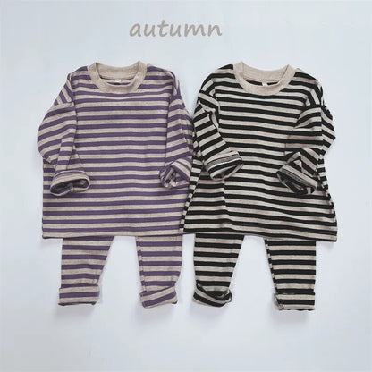 -キッズ 長袖Tシャツ レギンスパンツ 単品 ボーダー シンプル ベーシック パープル グリーン ブラック コーヒー 4カラー ユニセックス 男の子 女の子 子供服 - mamahalo shop - レギンスパンツ -  べビー服 - 子供服 - 男の子 - 女の子