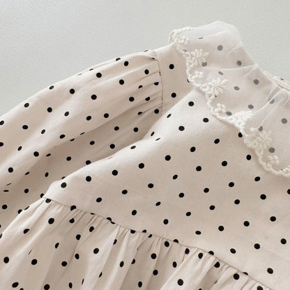 -ベビーロンパース 長袖パフスリーブボディスーツ レース 水玉ドットプリント【mh0004666】 - mamahalo shop - 長袖ロンパース -  べビー服 - 子供服 - 男の子 - 女の子