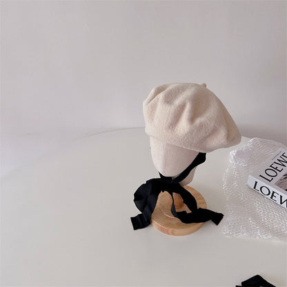 -キッズ帽子 リボン付き ベレー帽 レースアップハット ブラック ベージュ ブラウン 3色 ユニセックス 男の子 女の子 - mamahalo shop - ベビー用帽子 -  べビー服 - 子供服 - 男の子 - 女の子