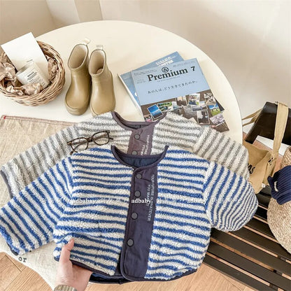 -キッズ フリースジャケット アウター ショートコート ボーダー グレー ブルー 2カラー ユニセックス 男の子 女の子 子供服 - mamahalo shop - ショートコート・ジャケット・ジャンパー -  べビー服 - 子供服 - 男の子 - 女の子