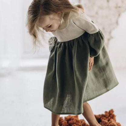 -キッズワンピース 長袖切り替えワンピース 丸襟 ブラウン/グリーン/2カラー - mamahalo shop - 長袖ワンピース -  べビー服 - 子供服 - 男の子 - 女の子