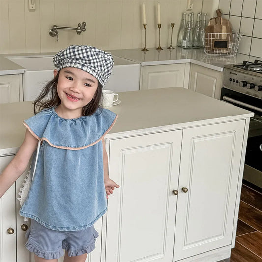 -キッズトップス デニム ビッグサークル襟 ノースリーブブラウス 2カラー【mh0005437】 - mamahalo shop - タンクトップ・キャミソール・ノースリーブトップス -  べビー服 - 子供服 - 男の子 - 女の子