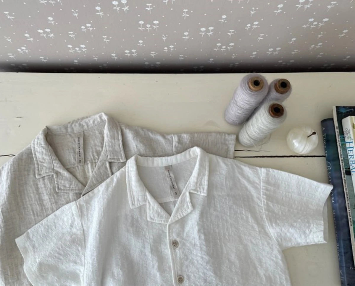 -☺︎ ベビーセットアップ 2点セット 半袖サファリシャツ+ショートパンツ シンプルベーシック 2カラー - mamahalo shop - 半袖セットアップ -  べビー服 - 子供服 - 男の子 - 女の子