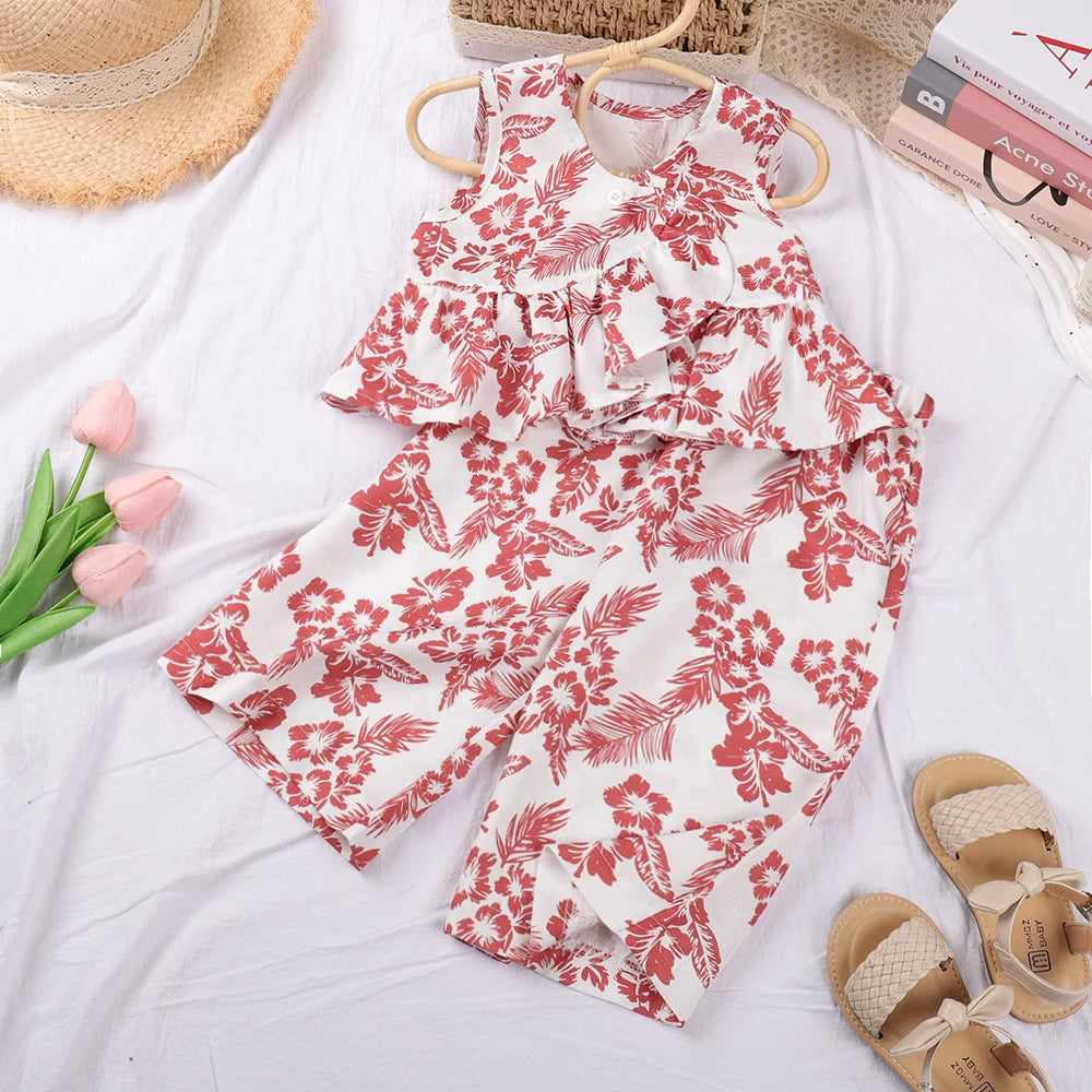 -キッズセットアップ 2点セット ノースリーブペプラムブラウス+ワイドルーズパンツ リゾートウェア フラワー花柄プリント 2カラー【mh0005756】 - mamahalo shop - ノースリーブセットアップ -  べビー服 - 子供服 - 男の子 - 女の子