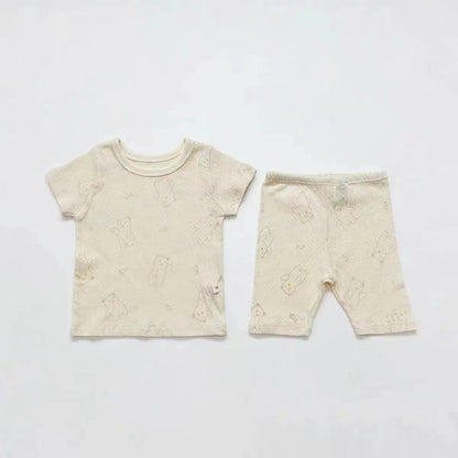 -ベビーパジャマセット 半袖Tシャツ+ショートパンツ ベアくまプリント ルームウェア パステル 3カラー【mh0005466】 - mamahalo shop - 半袖セットアップ -  べビー服 - 子供服 - 男の子 - 女の子