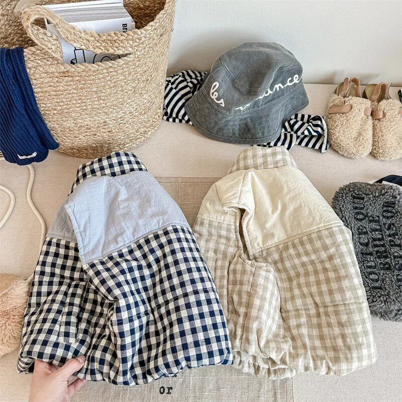 -キッズベスト アウター チェック ジャケット ブルー ネージュ 2カラー ボーイズ 男の子 子供服 - mamahalo shop - ベスト -  べビー服 - 子供服 - 男の子 - 女の子