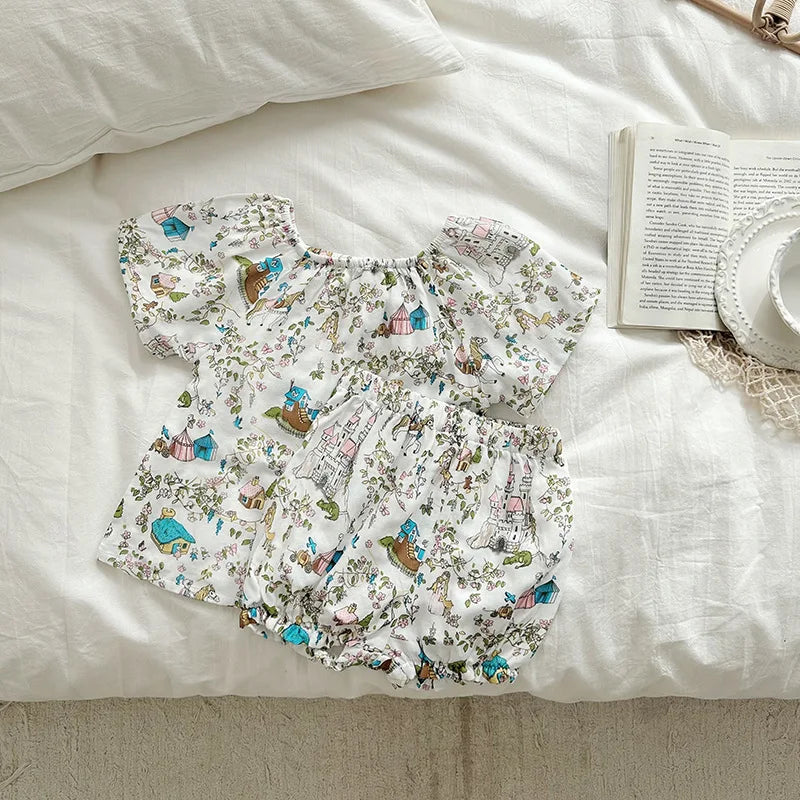 -キッズセットアップ 2点セット ダブルガーゼ 半袖スモックブラウス+バルーンショートパンツ ボタニカルプリント ルームウェア 4カラー【mh0004895】 - mamahalo shop - 半袖セットアップ -  べビー服 - 子供服 - 男の子 - 女の子