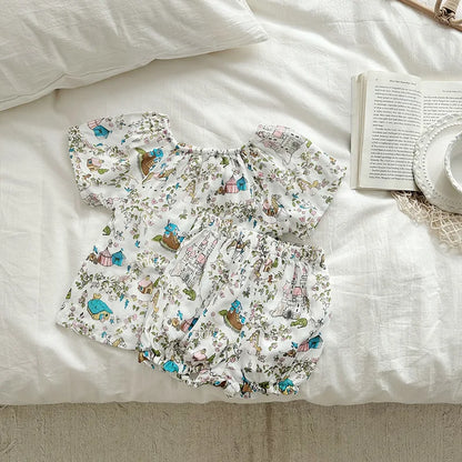 -キッズセットアップ 2点セット ダブルガーゼ 半袖スモックブラウス+バルーンショートパンツ ボタニカルプリント ルームウェア 4カラー【mh0004895】 - mamahalo shop - 半袖セットアップ -  べビー服 - 子供服 - 男の子 - 女の子