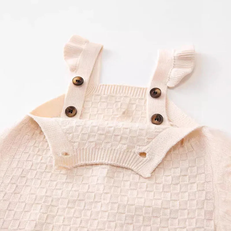-ベビーロンパース サスペンダージャンプスーツ ニット フリル ベージュ【mh0006472】 - mamahalo shop - ノースリーブロンパース -  べビー服 - 子供服 - 男の子 - 女の子