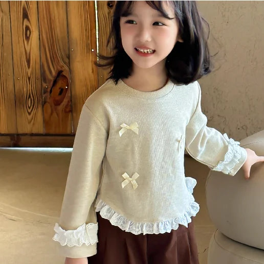 -キッズトップス リボン裾袖フリル長袖Tシャツ 2カラー【mh0007320】 - mamahalo shop - 長袖Tシャツ -  べビー服 - 子供服 - 男の子 - 女の子