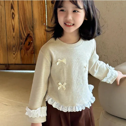 -キッズトップス リボン裾袖フリル長袖Tシャツ 2カラー【mh0007320】 - mamahalo shop - 長袖Tシャツ -  べビー服 - 子供服 - 男の子 - 女の子