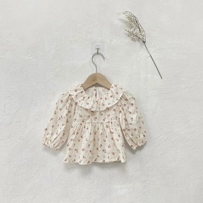 -ベビートップス フラワー小花柄プリントサークルフリル襟長袖パフスリーブチュニックブラウス 3カラー - mamahalo shop - 長袖シャツ・ブラウス -  べビー服 - 子供服 - 男の子 - 女の子