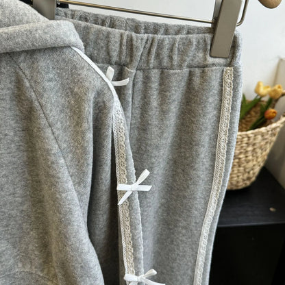 -キッズセットアップ 2点セット リボンサイドラインフーディジッパー長袖スウェットパーカー+スウェットパンツ グレー - mamahalo shop - 長袖セットアップ -  べビー服 - 子供服 - 男の子 - 女の子