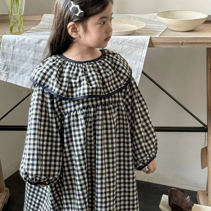 キッズワンピース チェックラッフル襟長袖ワンピース - mamahalo shop - 長袖ワンピース -  べビー服 - 子供服 - 男の子 - 女の子