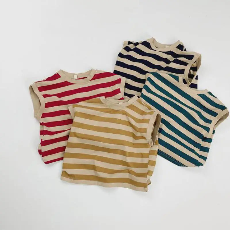 -キッズトップス ノースリーブTシャツ ベスト レトロボーダー 4カラー - mamahalo shop - タンクトップ・キャミソール・ノースリーブトップス -  べビー服 - 子供服 - 男の子 - 女の子
