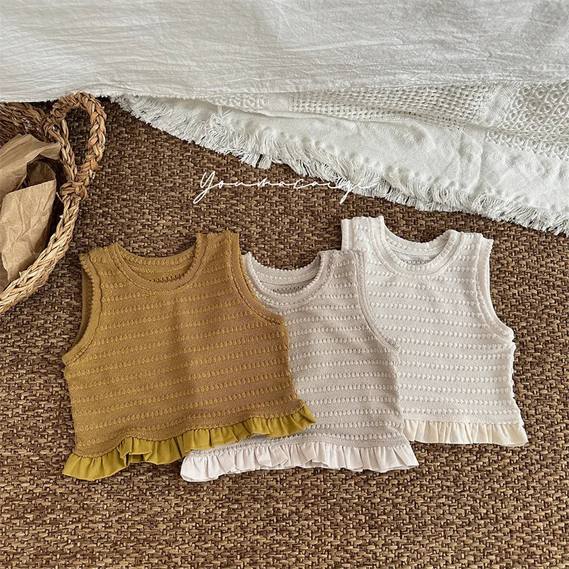 -キッズトップス ニットフリル ノースリーブ ペプラムブラウス 3カラー - mamahalo shop - タンクトップ・キャミソール・ノースリーブトップス -  べビー服 - 子供服 - 男の子 - 女の子