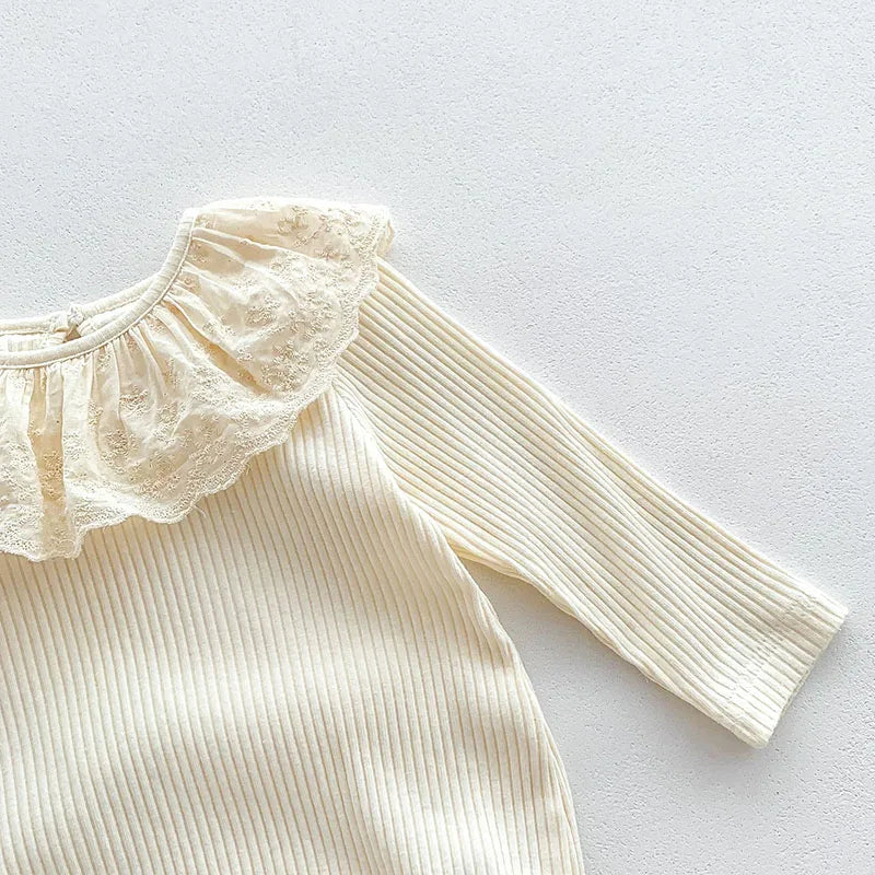 -ベビーロンパース 長袖ボディスーツ レースフリル襟 ベージュ【mh0003696】 - mamahalo shop - 長袖ロンパース -  べビー服 - 子供服 - 男の子 - 女の子