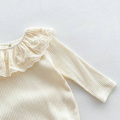 -ベビーロンパース 長袖ボディスーツ レースフリル襟 ベージュ【mh0003696】 - mamahalo shop - 長袖ロンパース -  べビー服 - 子供服 - 男の子 - 女の子