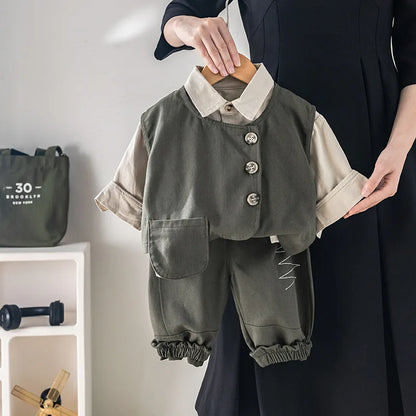 -キッズセットアップ 3点セット 長袖シャツ+アシメボタンベスト+ステッチアクセントロングパンツ 2カラー - mamahalo shop - 長袖セットアップ -  べビー服 - 子供服 - 男の子 - 女の子