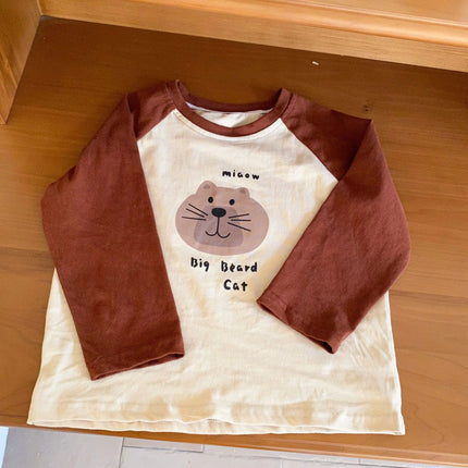 キッズトップス 長袖ラグランパッチワーク猫キャットプリントTシャツ 2カラー - mamahalo shop - 長袖Tシャツ -  べビー服 - 子供服 - 男の子 - 女の子