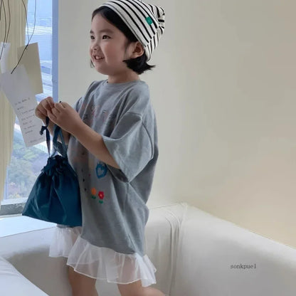 -キッズワンピース 半袖Tシャツワンピース チュチュチュールフリル お絵描きプリント グレー【mh0006109】 - mamahalo shop - 半袖ワンピース -  べビー服 - 子供服 - 男の子 - 女の子